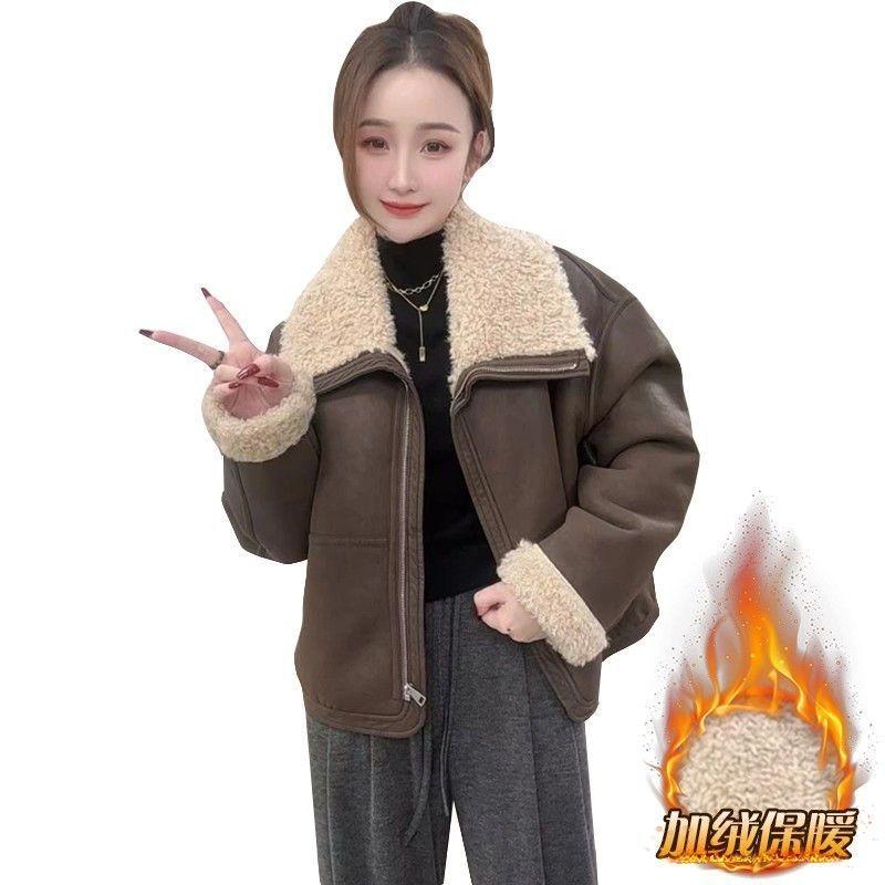 Thickened fur integrated jacket women's short winter new small lapel loose and thin leather jacket