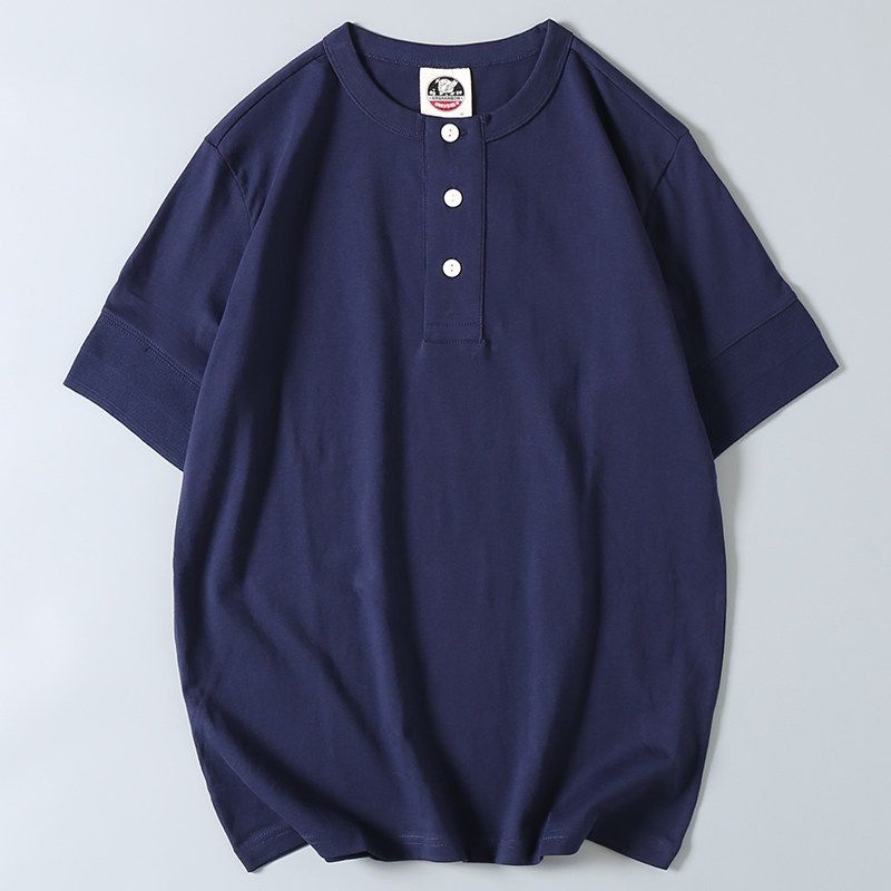 260G Heavy Cotton Henry Collar Short-Sleeved T-shirt Summer Men's Retro Trendy Versatile Cotton Half-Sleeve Bottoming Shirt