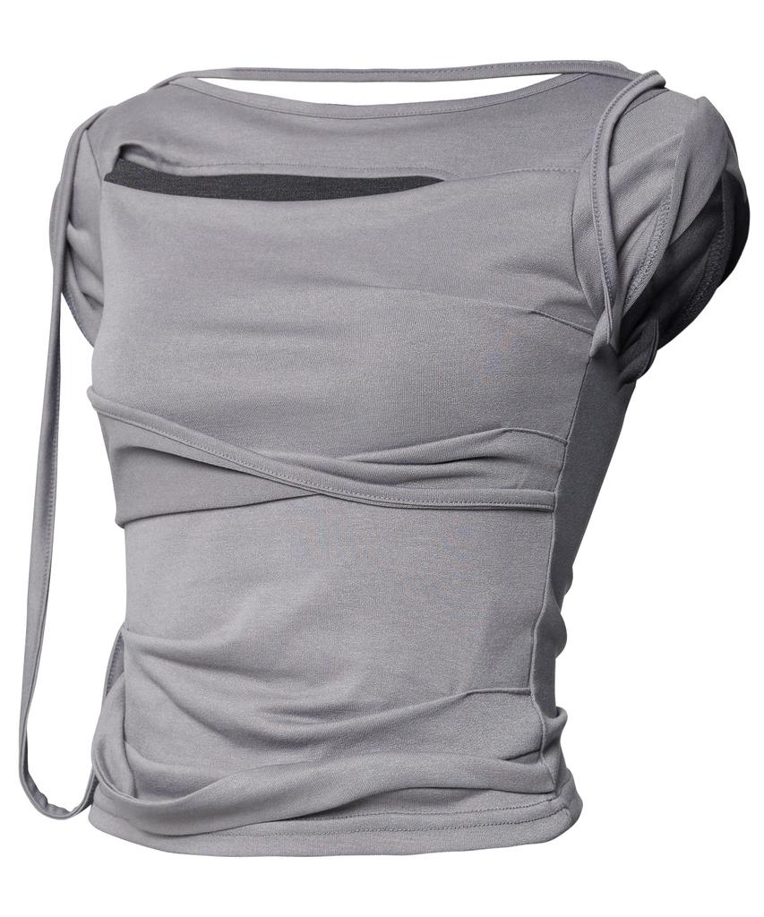 Peulleeoeob Asymmetrical Draped Strap Roll-Up T-Shirt (Fl-170_Dark Gray)