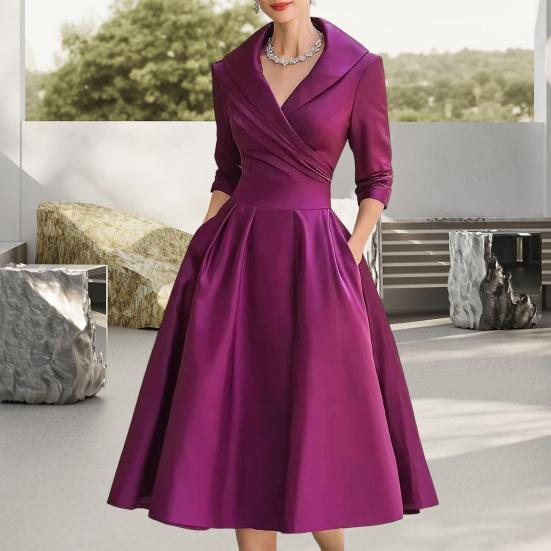 Women's Lapel V Sleeve A Line Neck Work Dress Long Swing Dress Formal Business