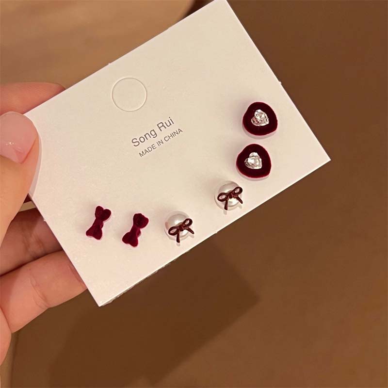 

Набор из 6 пар корейских розовых серег-гвоздиков в форме бантиков и сердечек с жемчугом для женщин, милые серьги-шармы с жемчугом и цирконом, подарки