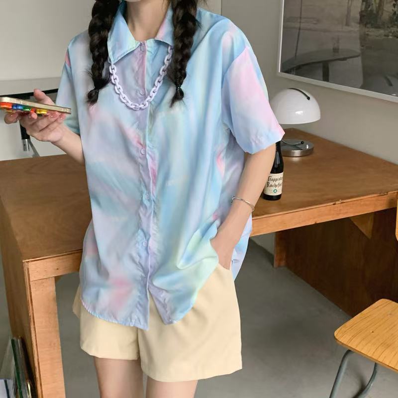 Women's Colorful Lapel Shirts Summer Short Sleeved Lady Single Breasted Shirt Female's Loose High Street Style Clothing