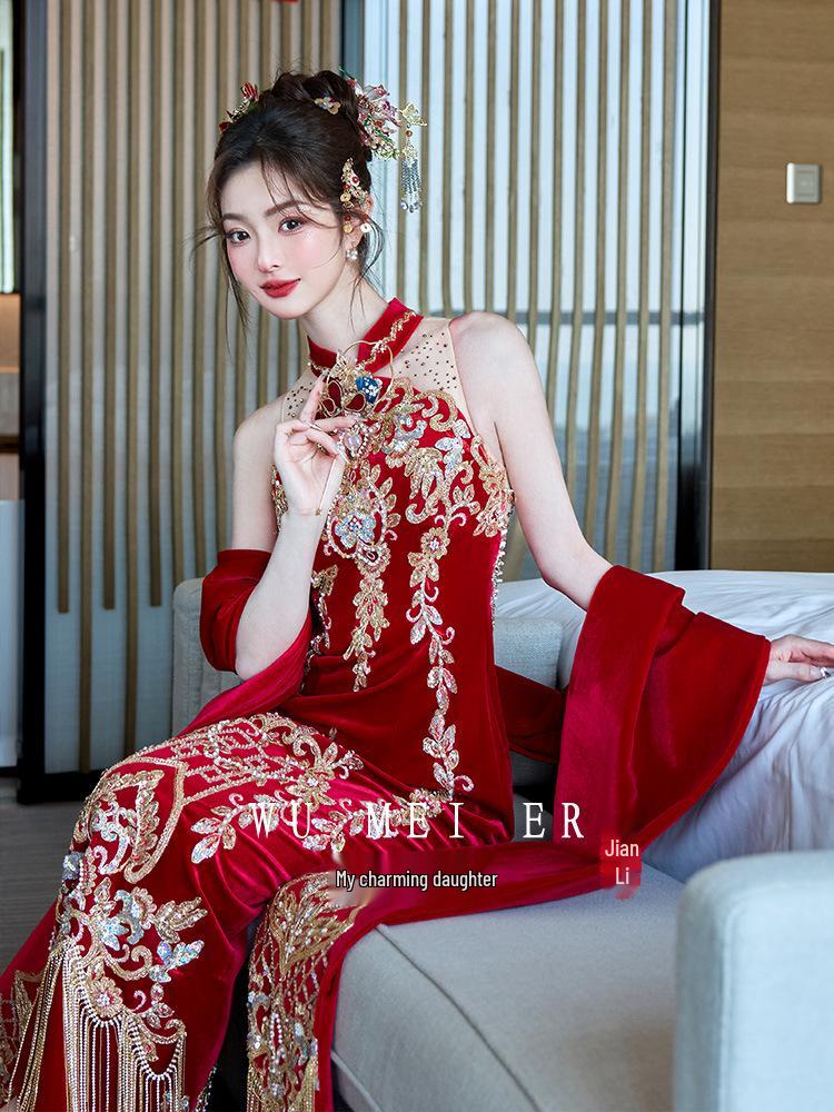 2026 Elegant Chinese Qipao Bridal Set: Engagement Ceremony & Toasting Dress with Shawl