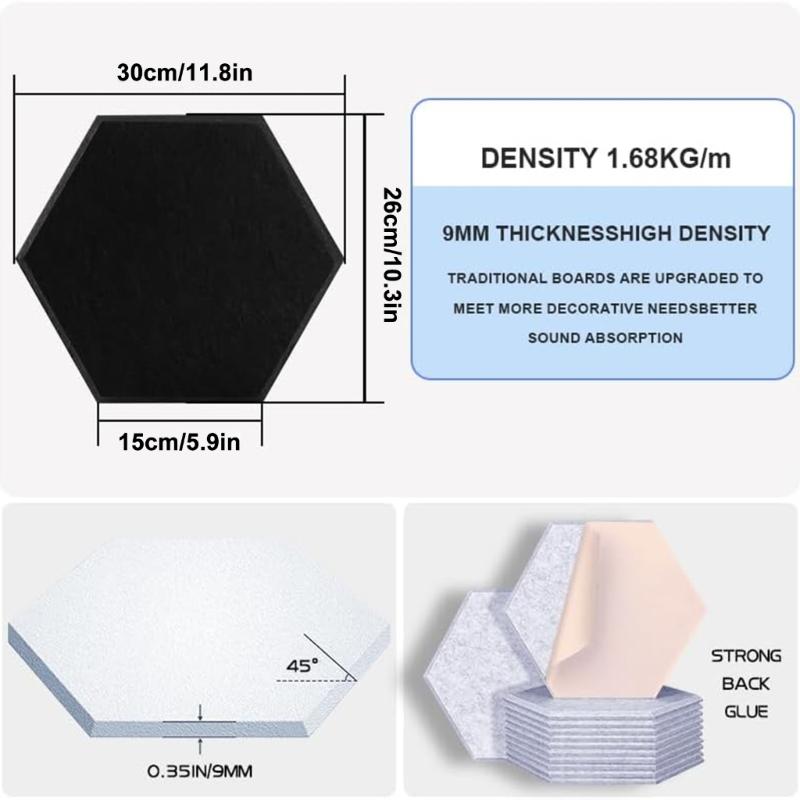 12Pieces Acoustics Foam Wall Tiles Hexagonal Foam Panel Polyester Fiber Wall Panels for Quiet Study Spaces Libraries