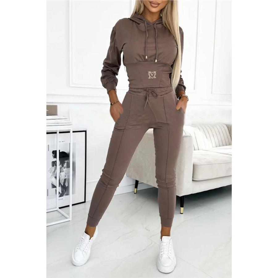 New Autumn Winter Waist Shaping Casual Sports Set with Hood Top and Pants Outfit