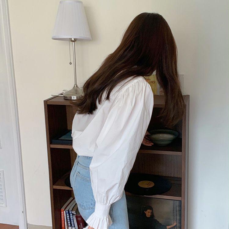 Women's French V-Neck Ruffled Puff Sleeve Shirt - Spring/Autumn Korean Chic