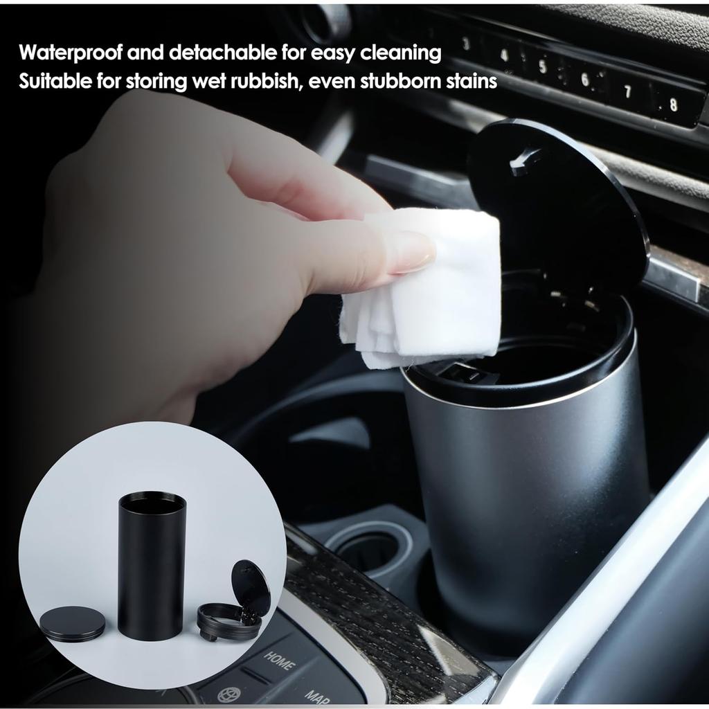 Car Trash Can With Lid - Leakproof Mini Garbage Can, Aluminum Alloy Bin, Accessories (Black)