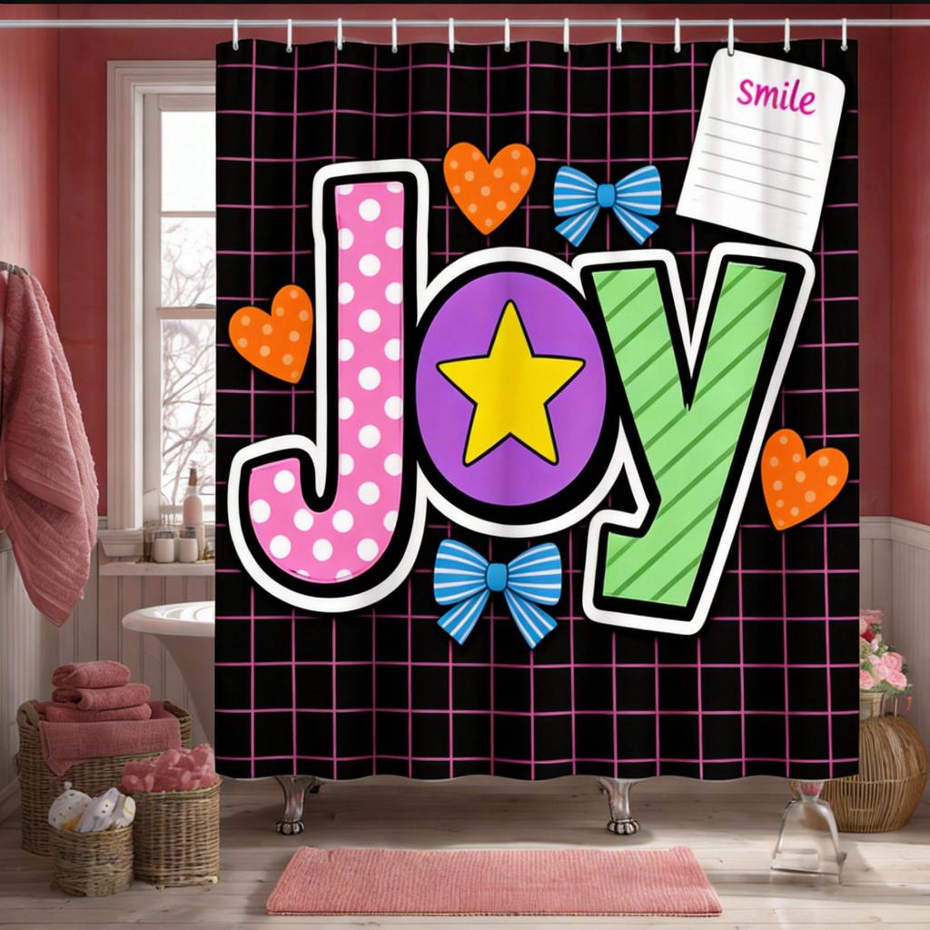 Love Graffiti Shower Curtain Mixed Patterns with Hearts and Leopard, Fun Feminine Bath Curtain for Teen Girls and Romantic Decor