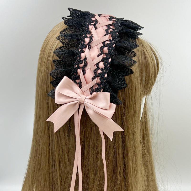 Gothic Lolita Spitzen Schleifen Stirnband - Schwarz Rot Dienstmädchen Haaraccessoire