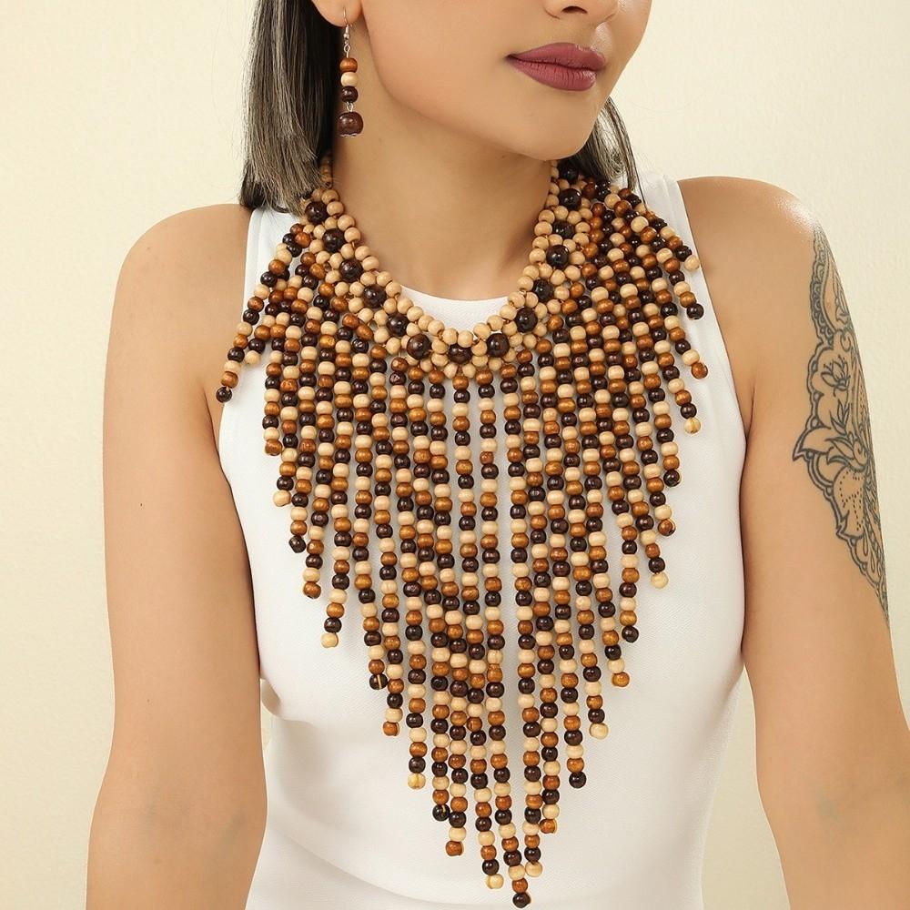 Handmade Necklace Earrings Set Wood Ear Studs Vintage Tassel Necklace Evening