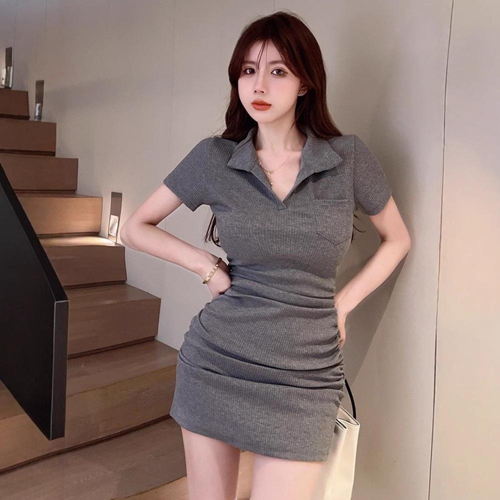 

POLO collar short-sleeved dress women s summer slim-fitting sexy waist Spice girl hip-wrapped short skirt chic high-end skirt S серый
