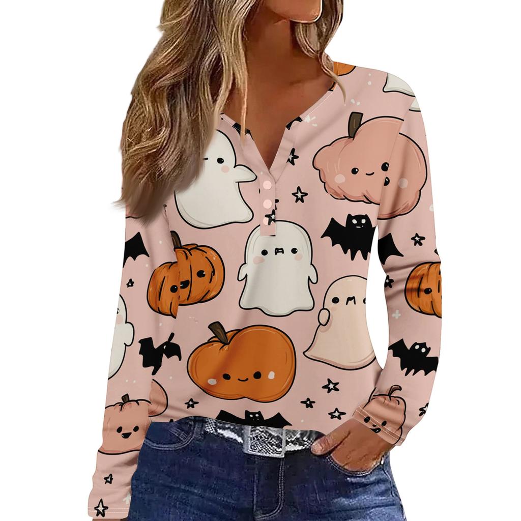 Women's Casual Long Sleeve V-Neck T-Shirt with Halloween Print and Decorative Buttons