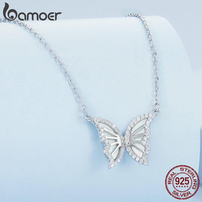 BAMOER 925 Sterling Silver Exquisite Shine Zircon Butterfly Pendant Necklace for Women Birthday Gift Fashion Jewelry