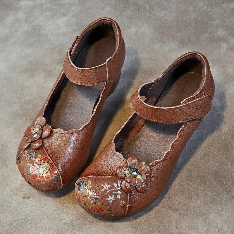 Johnature Etninio stiliaus natūralios odos marginti moteriški batai retro apvalūs pirštai stori kulnai minkšto pado pompos