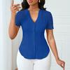 Women Tops V-Neck Short Sleeve Hollow Lace Splicing Design Shirt Tops Pure Color Slim