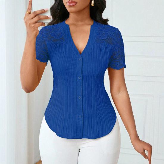 Women Tops V-Neck Short Sleeve Hollow Lace Splicing Design Shirt Tops Pure Color Slim