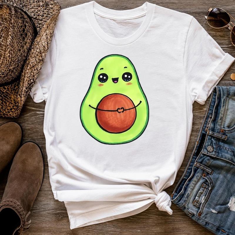 Europäische Größe Damen Print Lustiges Gesicht Frucht Avocado T-Shirt Top Mode T-Shirt Frau Weiblich T-Kleidung Kurzarm Grafik-T-Shirts
