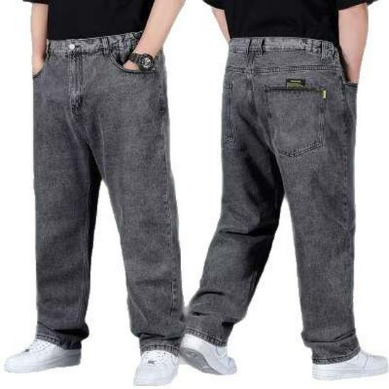 Plus Size Men's Loose Straight Casual Jeans - Deep Crotch, Wear-Resistant, Black Cotton
