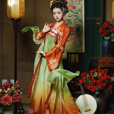 Hanfu in stile dinastia Tang cinese offre alle donne una gonna lunga fino al petto con elementi floreali di Han Divino e una graziosa fata volante