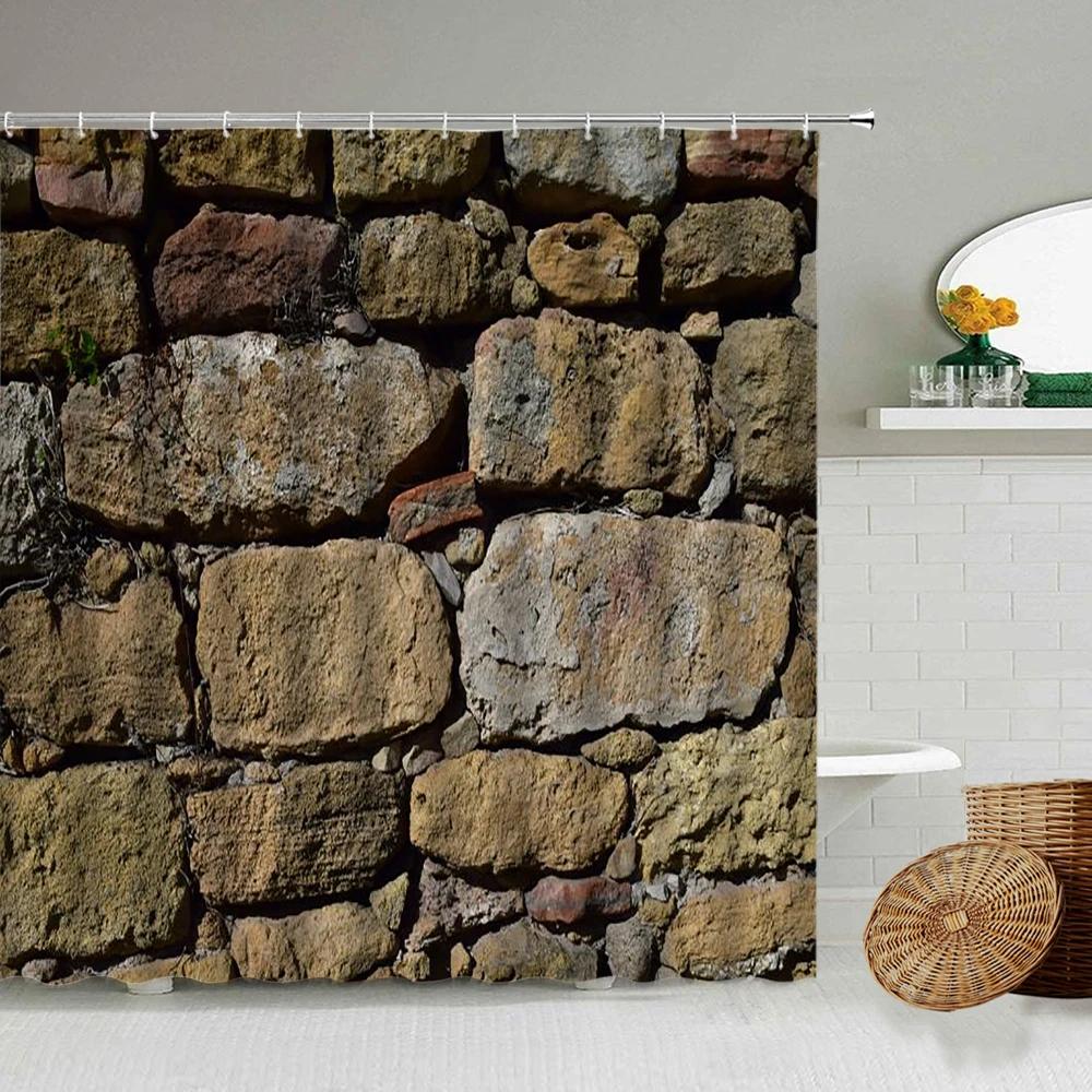 Stone Brick Wall Shower Curtain,Ivy Green Leaves Climbing On Rustic Marble Rocks Stone Wall Fabric Bathroom Shower Curtains