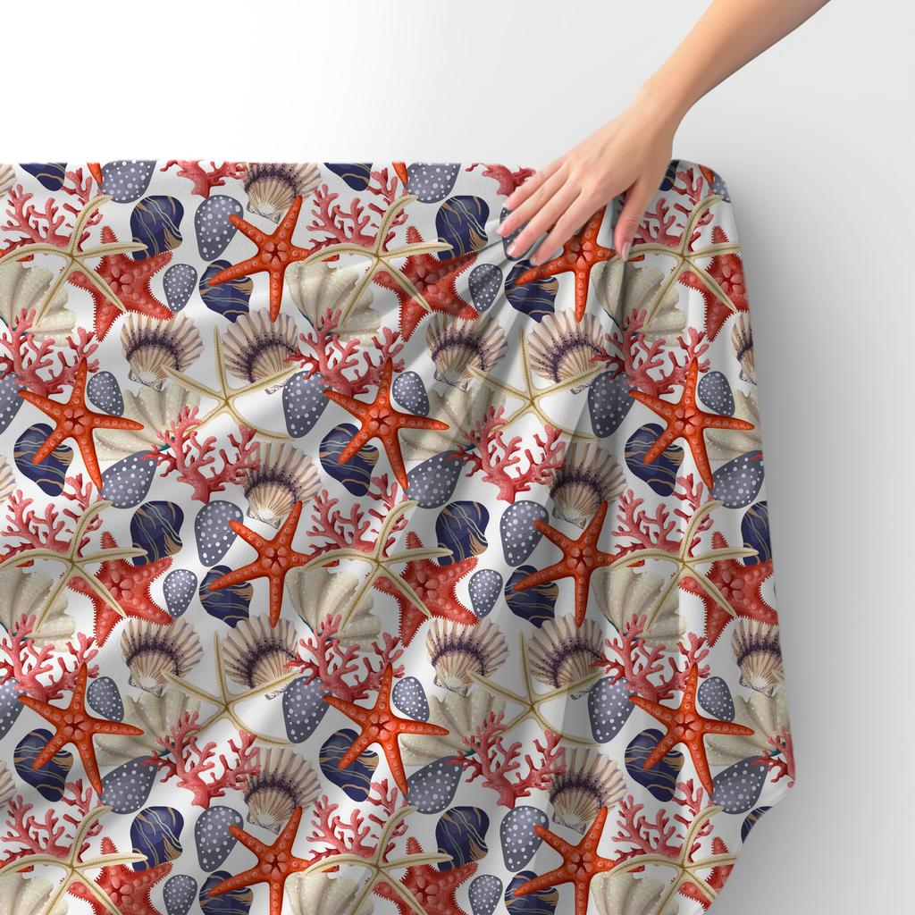 Royal Samt Stoff Polyester Zum Nähen - Motiv Muscheln Seesterne