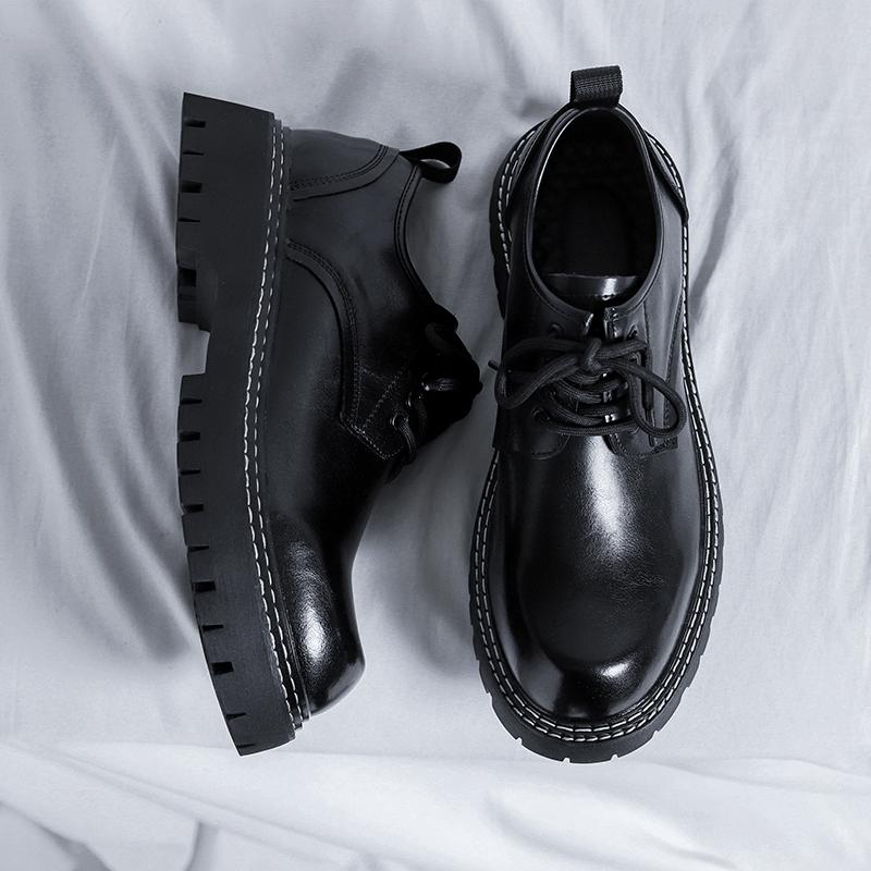 Fashion Derby Shoes Men PU Thick Soled Round Toe Workwear Large Toe Leather Shoes Sturdy Sewn Comfortable Non Slip Men Shoes