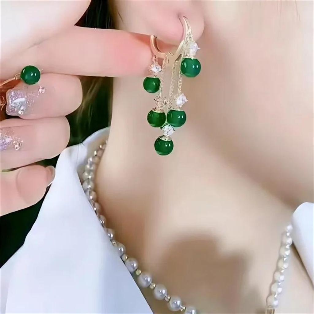 Glamorous Green Stone Tassel Earrings Inlaid Rhinestones Delicate Dangle Design for Daily Wear Or Weddings Fashionable Accessories To Enchant