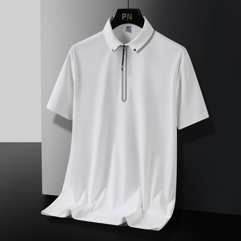 Men's Short Sleeve Polo Shirt, White Ice Silk Half Zip Casual Top, Quick Dry Lightweight Performance Shirt for Summer and Daily Wear