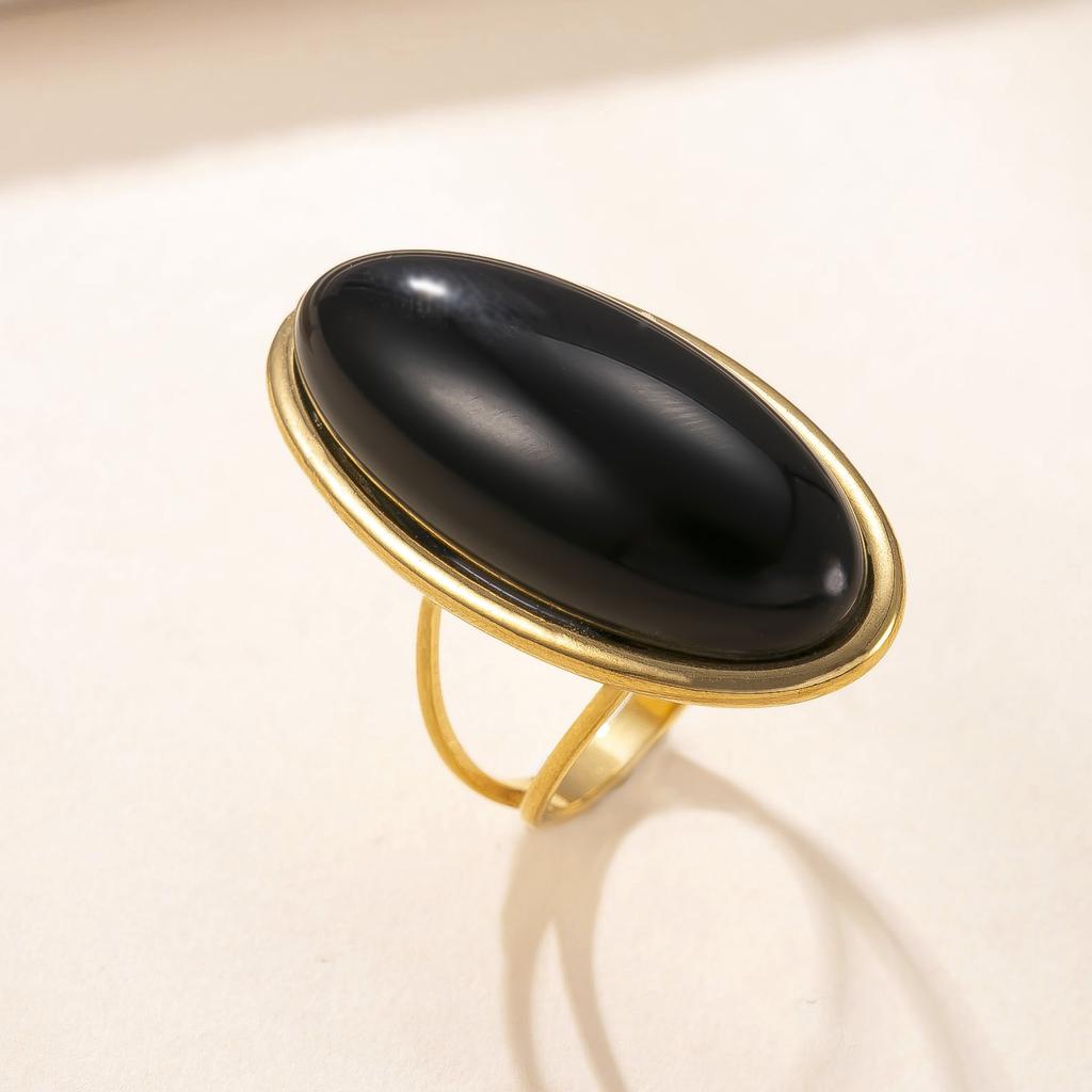 Retro Charm Gold Color Stainless Steel Geometric Oval Dopamine Colorful Natural Stone Rings for Women Finger Jewelry Accessories