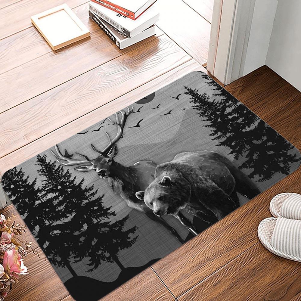 Wood Deer Print Doormat Non-Slip Rugs for Living Room Bedroom Kitchen Laundry Mat Machine Washable Home Decor Carpet