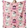 Pink Halloween Ghost Pumpkin Floral Print Flannel Throw Blanket Super Soft Warm Blanket for Sofa Bed Halloween Home Decor Gift
