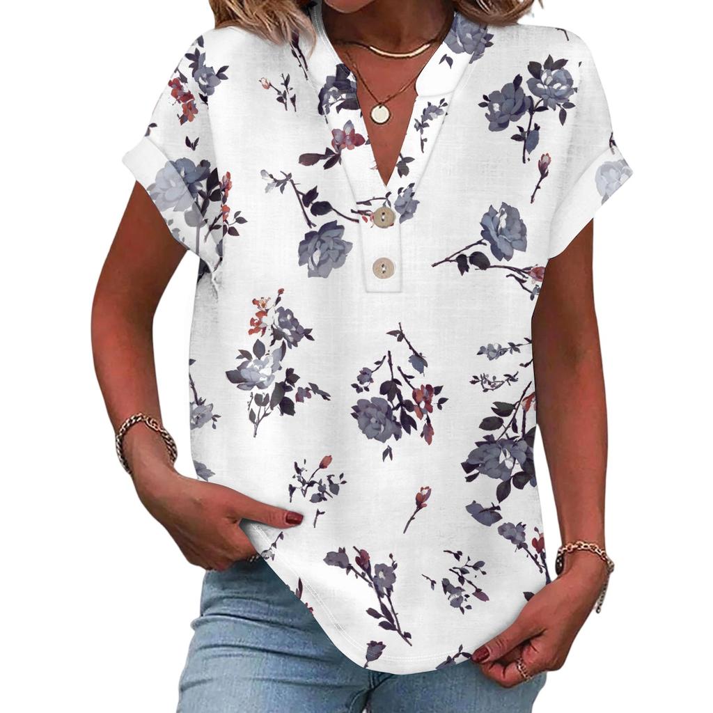 Damen Lässige Mode V-Ausschnitt Knopf Floraler Druck Kurzarm Top