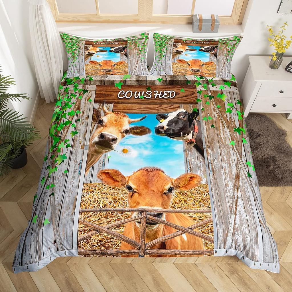 Kuh Bettbezug Set Twin King Size Bauernhoftier Bettwäsche Set Grüner Rankenblätter Druck Bettdeckenbezug Rustikale Holzbrett Steppdecke