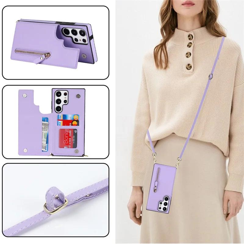 Zipper Wallet with Card Holder CrossbodyPhone Case for Samsung Galaxy S23 S21 S20 FE S24 S22 Plus S25 Ultra Leather Cover
