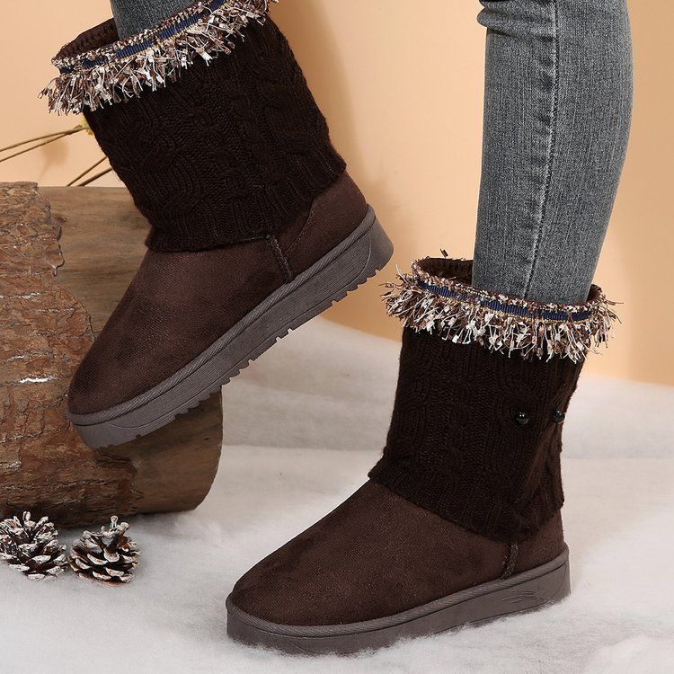 2025 new lace buckle knitted snow boots women's velvet warm comfortable versatile fashion casual autumn and winter women's shoes