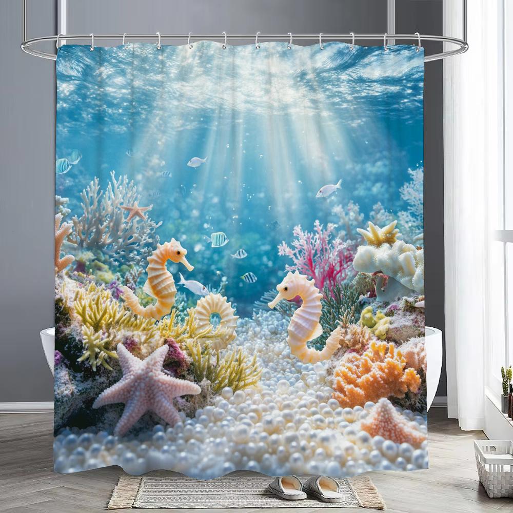 Ocean Animals Shower Curtains,Dolphin Sea Turtle Fish Coral Underwater Cave Scenery Fabric Children Bath Curtain Bathroom Decor