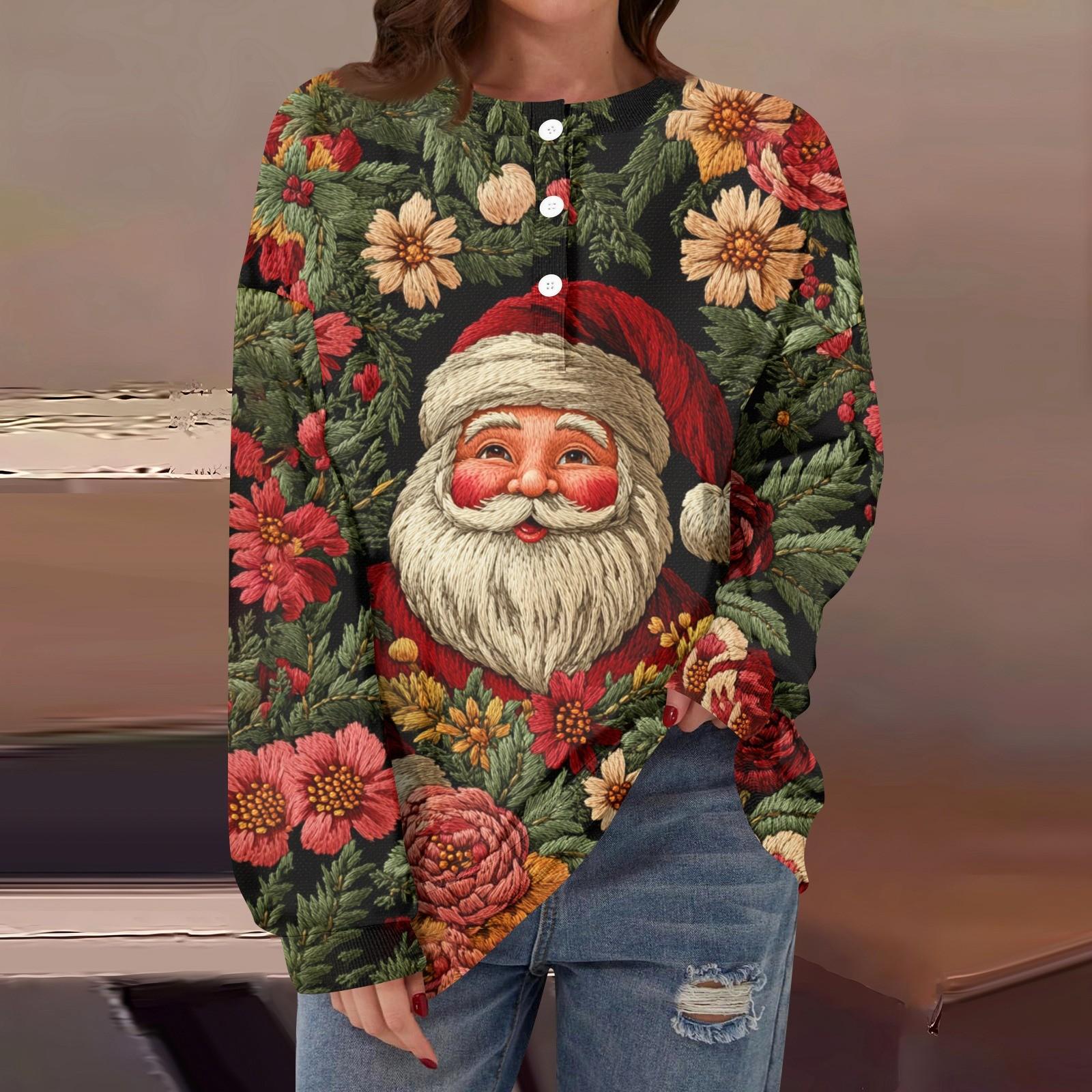 

Жіночі повсякденні модні зручні різдвяні принтові футболки з довгим рукавом і круглим вирізом на ґудзиках. L винний