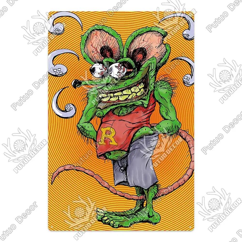

Декор Putuo Rat Fink, модифицированная автомобильная культура, винтажная металлическая жестяная вывеска, декоративная тарелка для гаража, мужская пещера, бар, паб, клуб, украшение 7.8x11.8inch