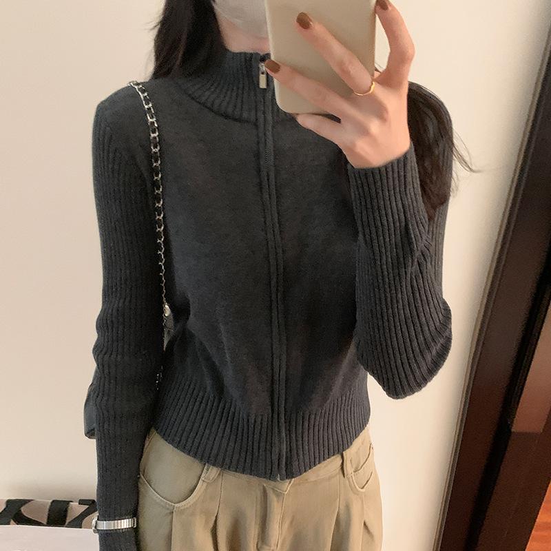 Простой вязаный кардиган с высоким воротником для женщин, осень и зима, новый модный универсальный тонкий свитер на молнии L