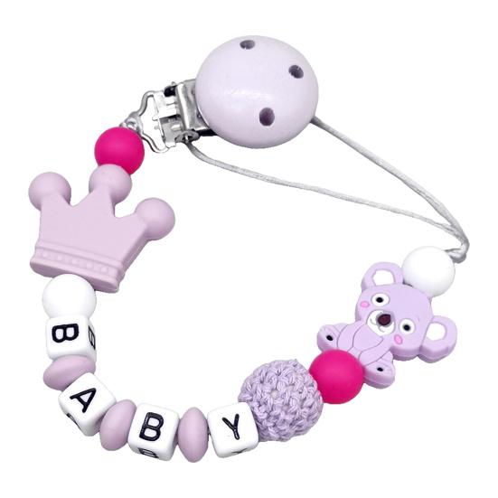 Pacifier Clip with Silicone Beads & Wooden Letters BPA-Free Baby Teething Necklace Anti-Loss Soother