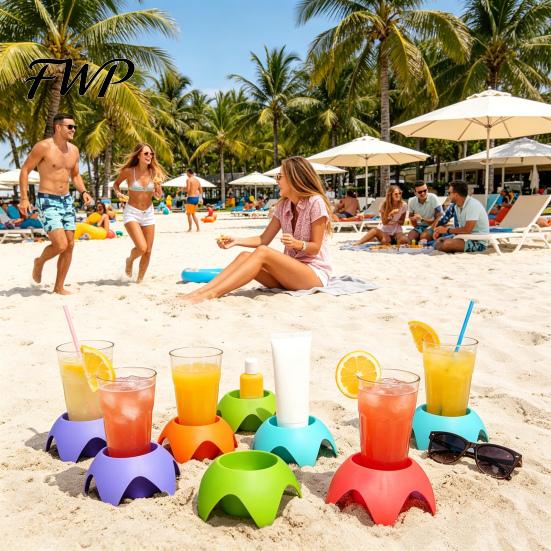 Bottle Holder Cup for Beach with Bold Colors Stackable Portable Drink Accessories Phones Snacks Sunscreen Sand-Free Organizer Travel Camping