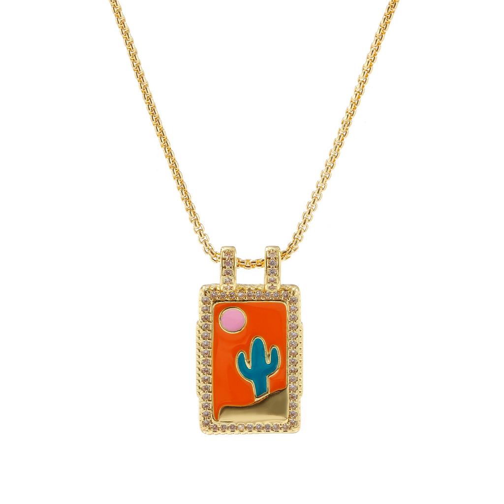 1pc Enamel Heart Pendant Necklace 18K Gold Plated Multicolor Brass Link Cable Chain Rectangle Charm Necklace 45cm + 5cm Long