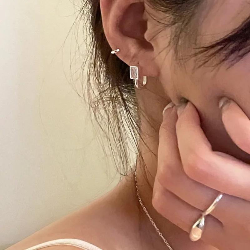 Luxury Exquisite Geometric Square Crystal Hoop Earrings for Women Temperament Gold Color Stainless Steel Korea Jewelry Wholesale