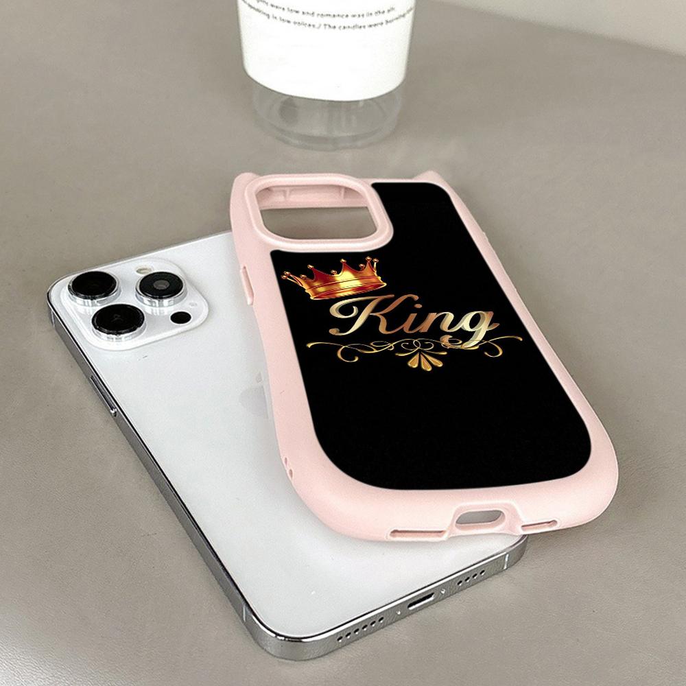 Huse de telefon moale pentru ureche de pisică pentru iPhone 16 15 13 12 11 Pro Max 14 Plus XR TPU Copertă din spate acrilic transparent anti-cădere N84 King Queen Cuplu