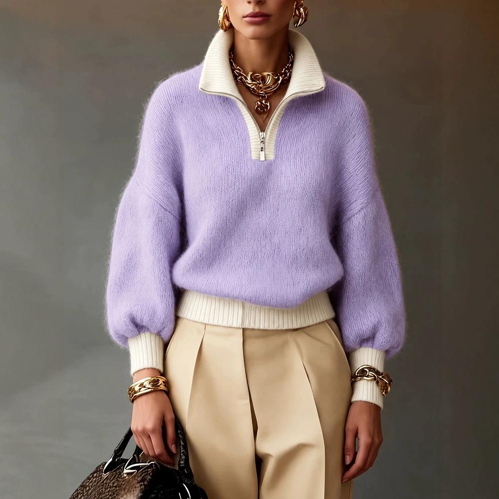 Neuer europäischer und amerikanischer Stil, halbgezippter Strickpullover mit hohem Kragen für Damen, lässiges Color-Blocking Pullover-Top