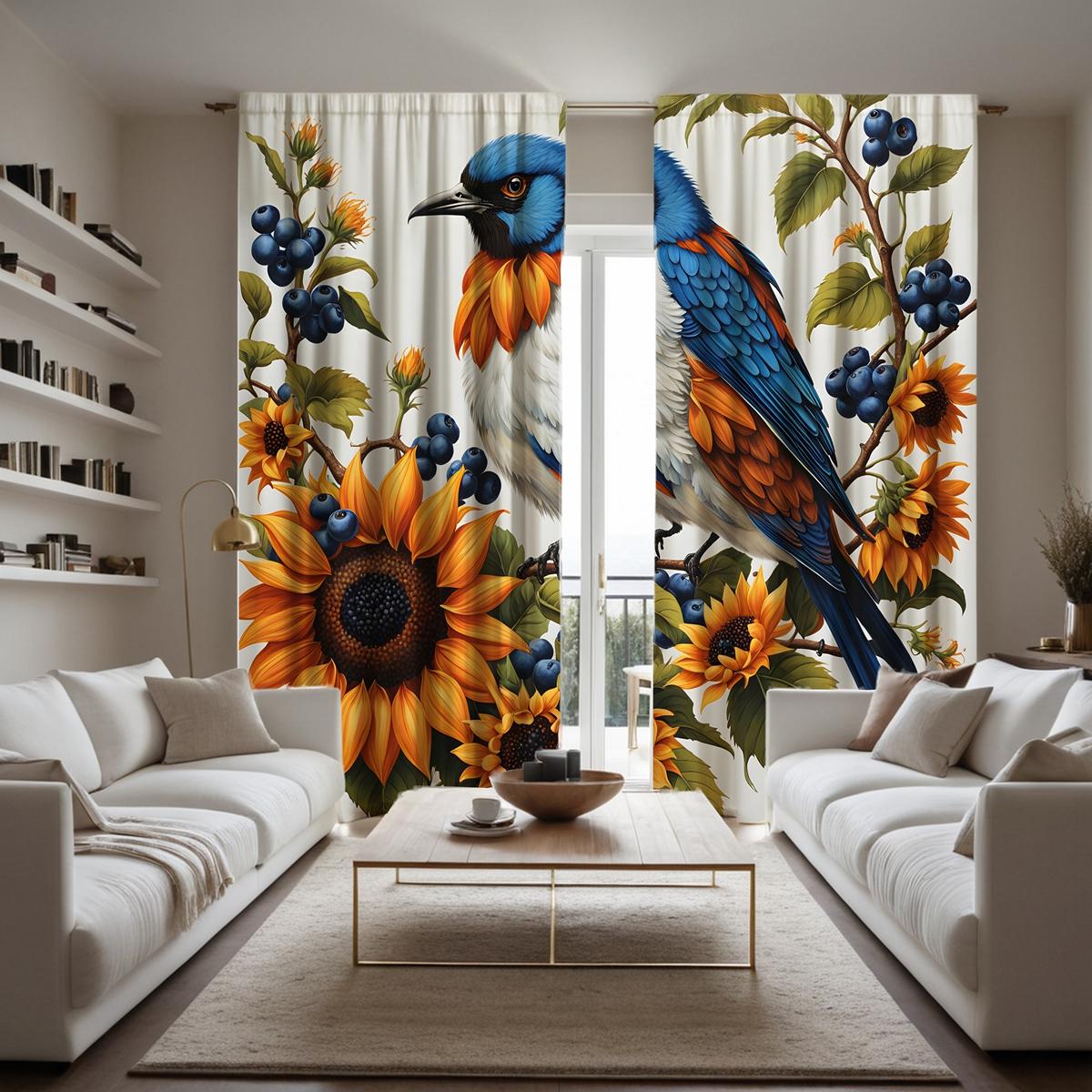 

Набор из 2 предметов HD Harvest Festival Черничное дерево Подсолнух птица декоративная занавеска Желтая завязка цифровая печать занавеска Home Decorat W52H63inchW132H160cm