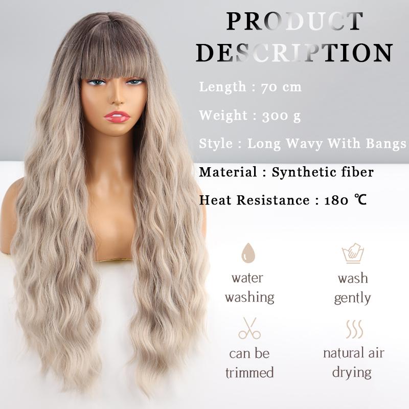 MISSQUEEN Perucă pentru femei Ombre Maro Gri Culoare Perucă ondulată lungă cu breton Fibră sintetică Femei Purtări zilnice Perucă ondulată Cosplay