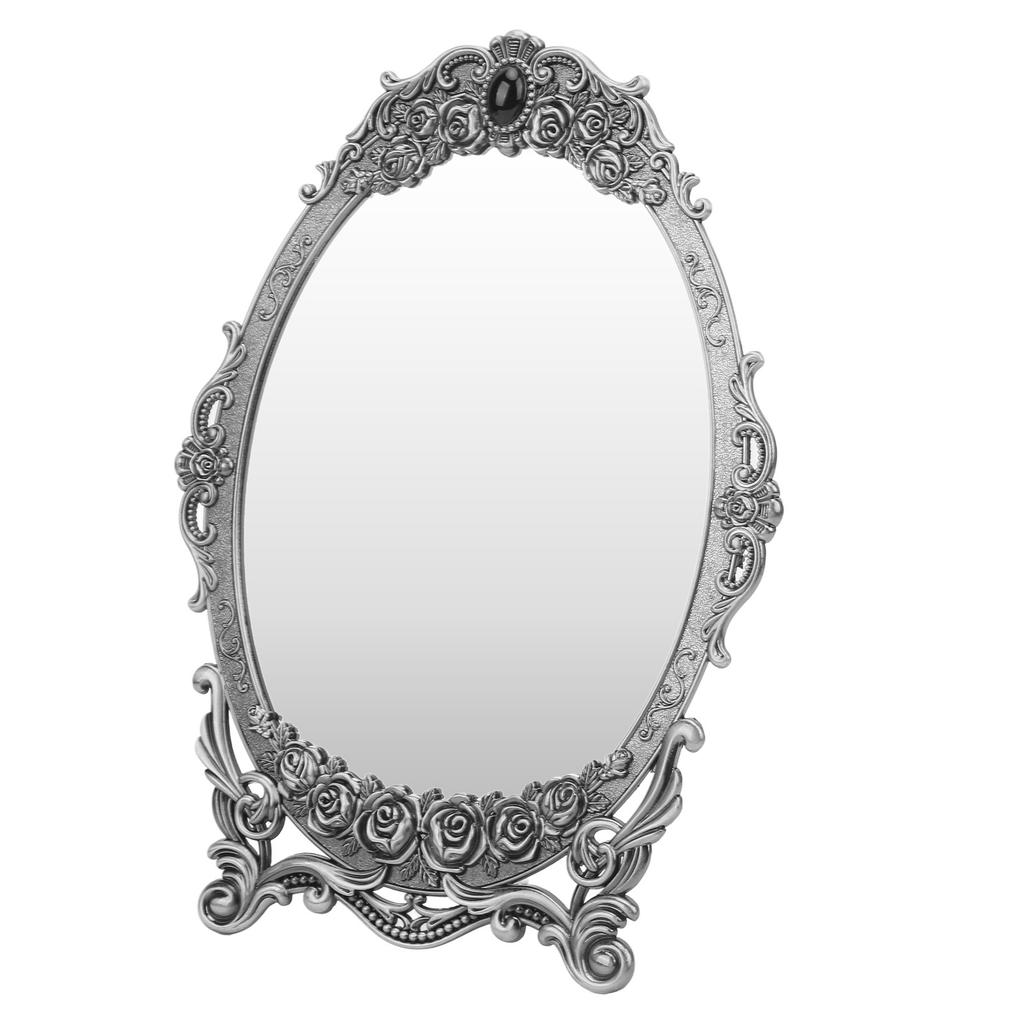 Retro Stolní Make-up Zrcadlo Květinový Reliéf Korálkové Okraje Jasný Obraz Funkční Vintage Zrcadlo Dekorace