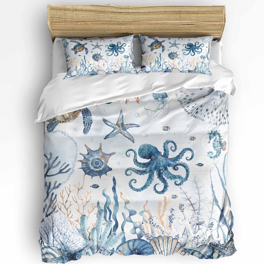 Nautical Theme Sea Turtle Starfish Compass Duvet Cover with Pillow Case 3pcs Bedding Set Quilt Cover Double Bed Home Textile