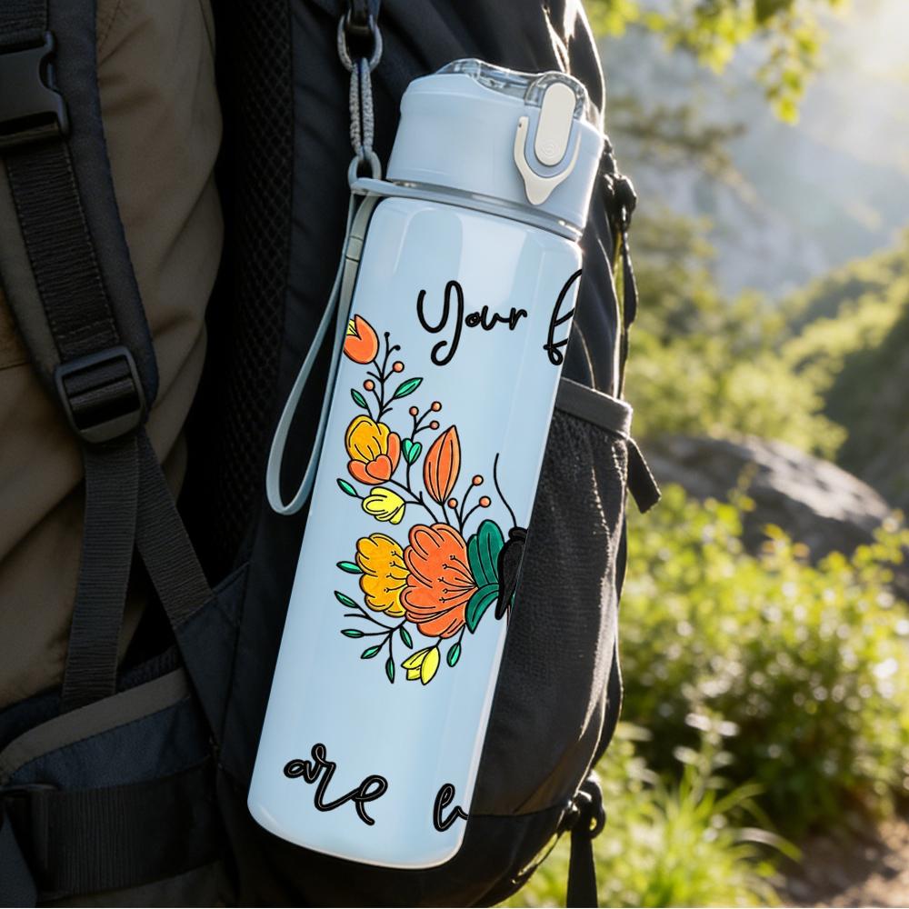 1PC Teal Butterfly Floral Quote 750ml Color Plastic Sports Water Bottle Leakproof Flip Straw Lid Suitable for Sports Office Home Use